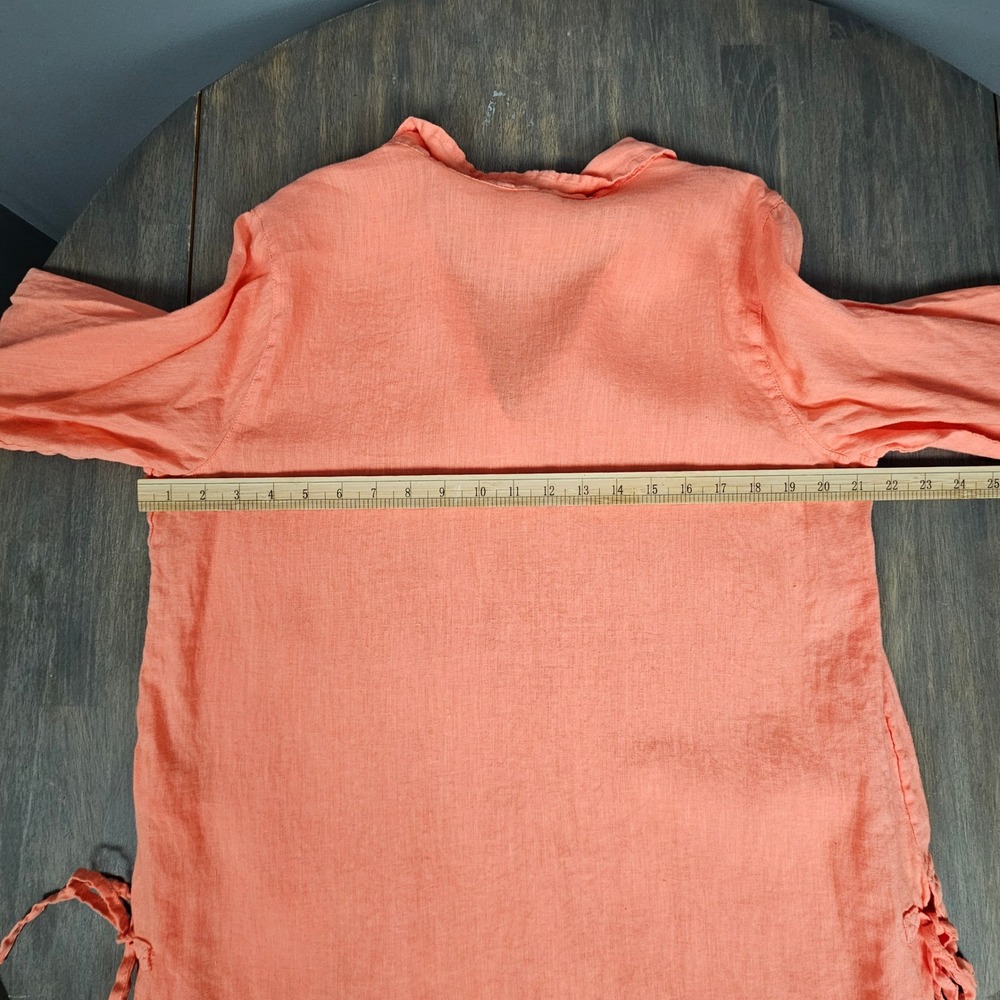 Isaac Mizrahi Women L Linen‎ Blouse 3/4 Sleeve Tie Hem Coastal Coral Resort Top - Picture 6 of 8